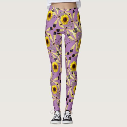 Lavender Abstract Sunflower Dragenfly  Leggings