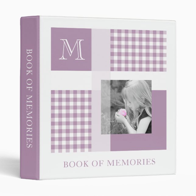 Lavender Add Your Photo Gingham Modern Monogram 3 Ring Binder (Front/Spine)