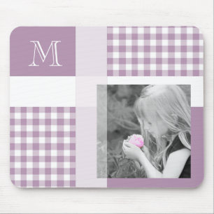 Lavender Add Your Photo Gingham Modern Monogram Mouse Pad