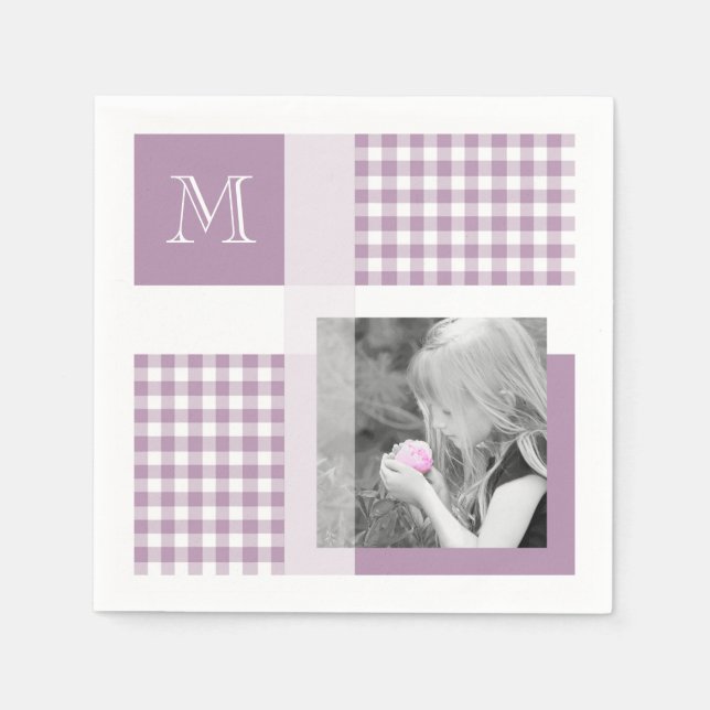 Lavender Add Your Photo Gingham Modern Monogram Napkins (Front)