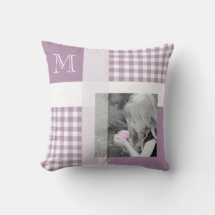 Lavender Add Your Photo Gingham Modern Monogram Throw Pillow