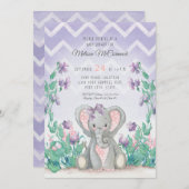 Lavender Adorable Elephant Girl Baby Shower Stripe Invitation (Front/Back)