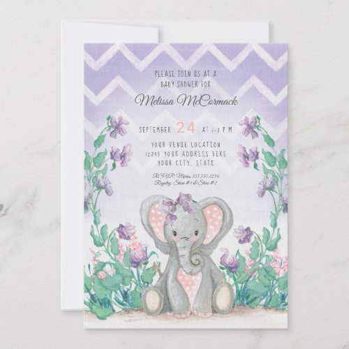Lavender Adorable Elephant Girl Baby Shower Stripe Invitation
