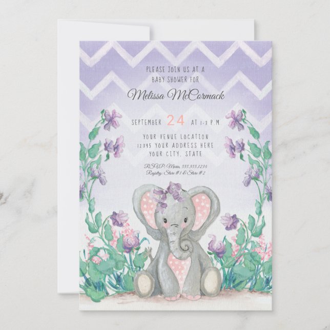Lavender Adorable Elephant Girl Baby Shower Stripe Invitation (Front)