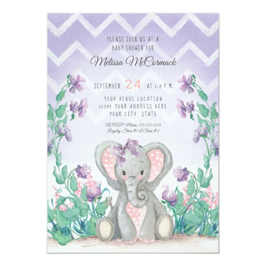 Lavender Adorable Elephant Girl Baby Shower Stripe Invitation