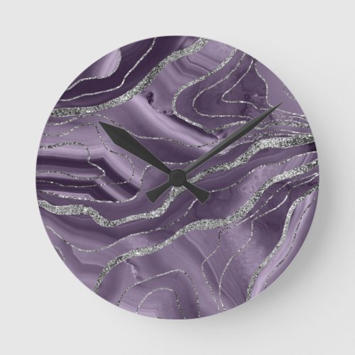 Lavender Agate Silver Glitter Glam 1 Round Clock