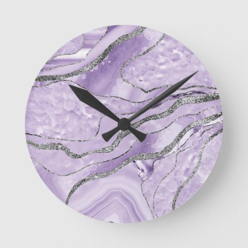 Lavender Agate Silver Glitter Glam 1  Round Clock