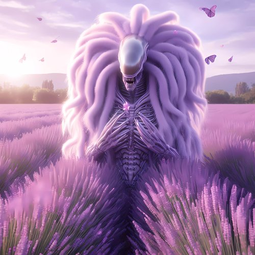 Lavender Alien Xenomorph Enchanted In A Field Poster