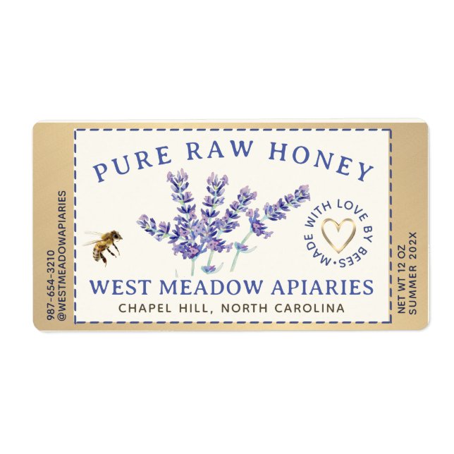 Lavender and Bees Honey Label Dashed Border (Front)