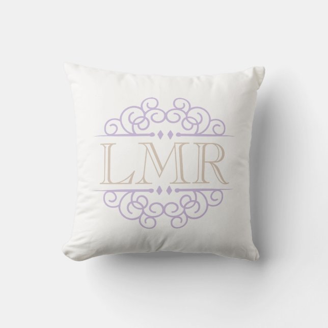 Lavender and Beige Vintage Frame Monogrammed Throw Pillow (Front)
