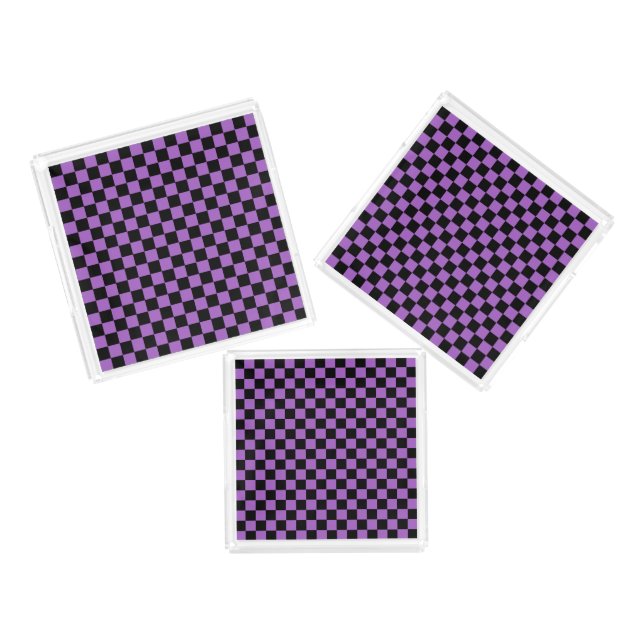Lavender and Black Checkered Pattern  Acrylic Tray (Set)