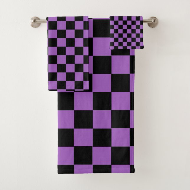 Lavender and Black Checkered Pattern  Bath Towel Set (Insitu)