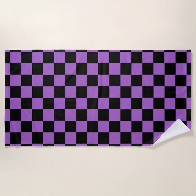 Lavender and Black Checkered Pattern  Beach Towel (Front)