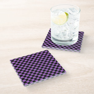 Lavender and Black Checkered Pattern Glass Coaster