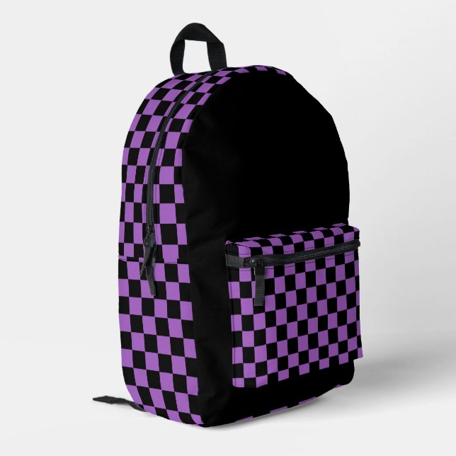 Lavender and Black Checkered Pattern  Printed Backpack (Back Corner Left)