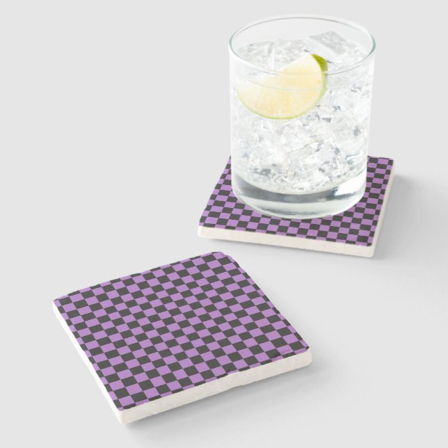 Lavender and Black Checkered Pattern   Stone Coaster (Side)