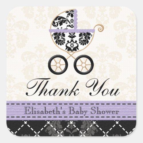 LAVENDER and Black Damask Baby Carriage Thank You Square Sticker
