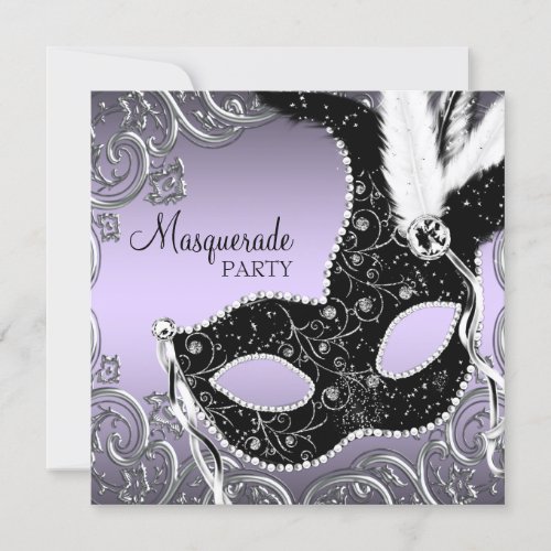 Lavender and Black Mask Masquerade Party Personalized Invitations