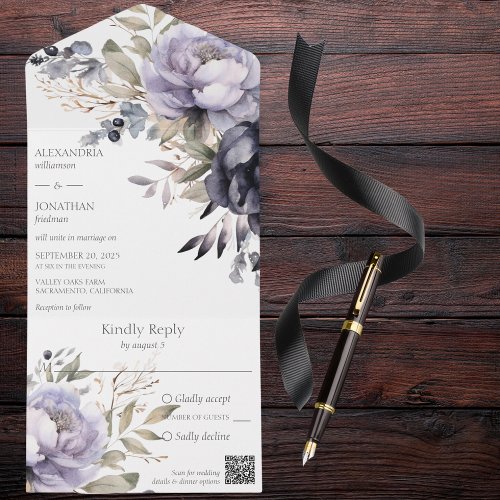 Lavender and Black Peonies QR Code All In One Invitation