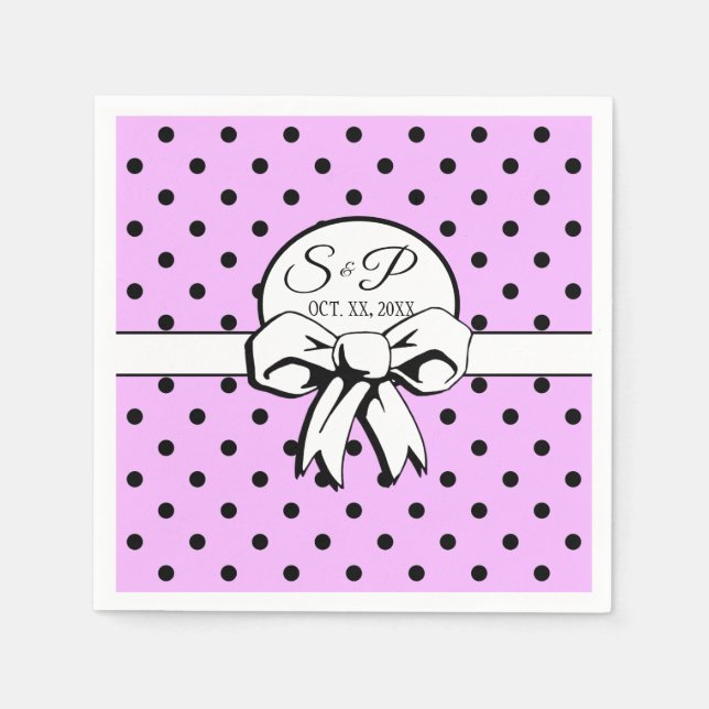 Lavender and Black Polka Dot White Bow Personalize Napkins (Front)
