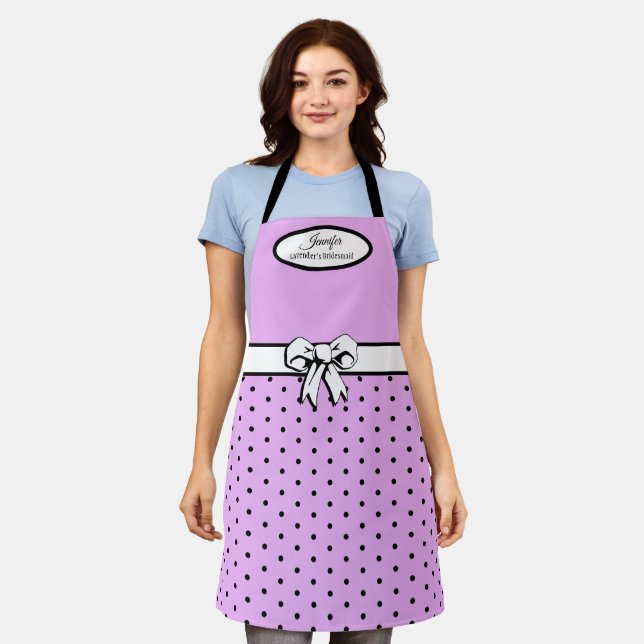 Lavender and Black Polka Dots and Bow Personalized Apron (Worn)