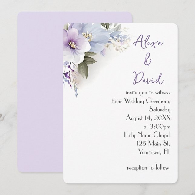 Lavender and Blue Floral Wedding Invite (Front/Back)