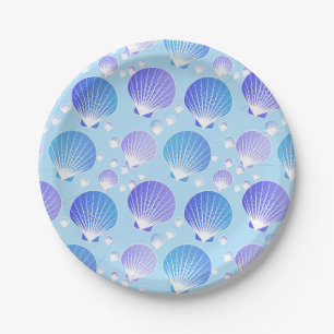 Lavender and blue seashells on pale blue paper plates