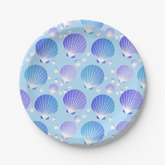 Lavender and blue seashells on pale blue paper plates (Front)