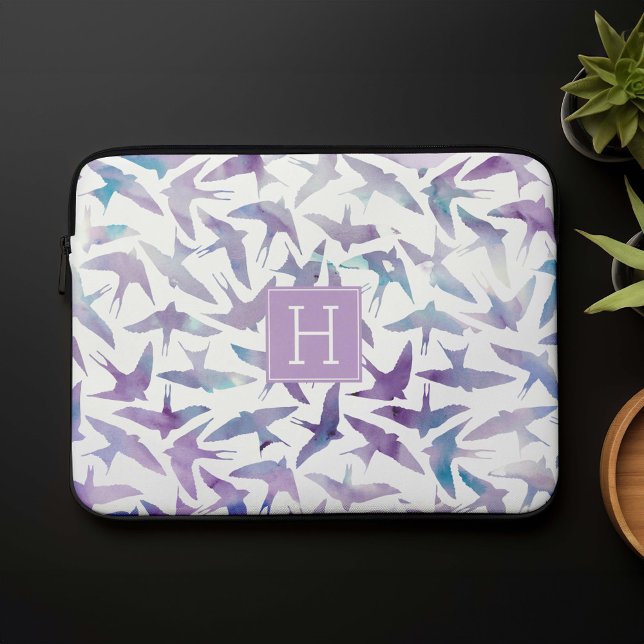 Lavender and Blue Watercolor Birds Monogrammed Laptop Sleeve (Creator Uploaded)