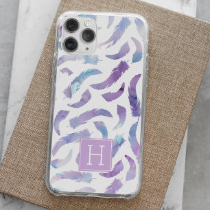 Lavender and Blue Watercolor Feathers Monogrammed iPhone 15 Pro Max Case