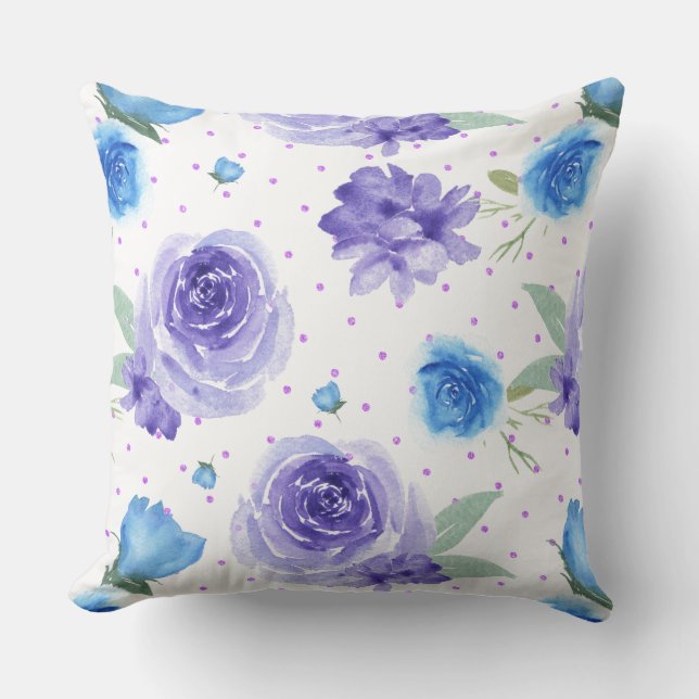 Lavender and blue watercolors flowers pattern throw pillow (Front)