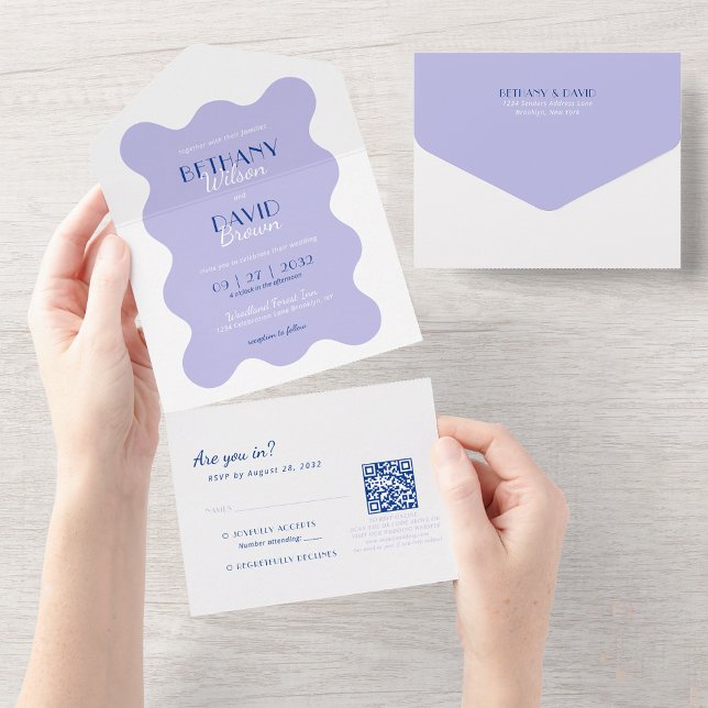 Lavender and Blue Wave QR Code RSVP Wedding All In One Invitation (Creator Uploaded)