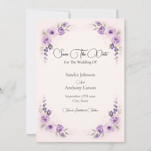 Lavender and Blush Rose Save The Date (Front)