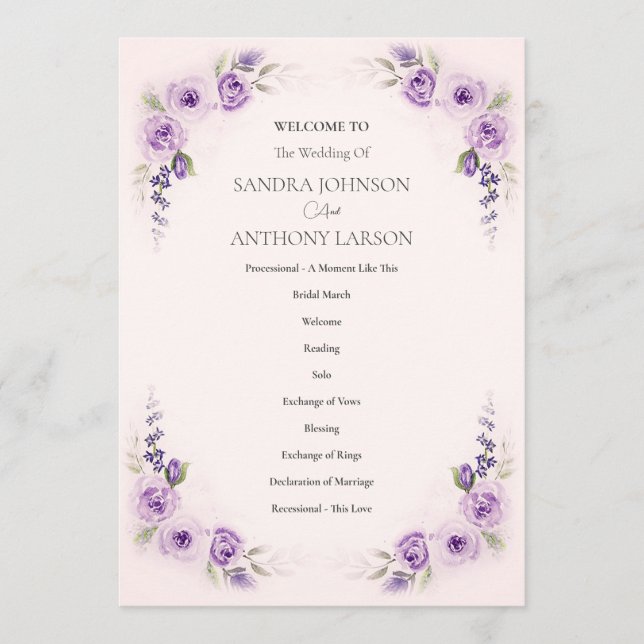 Lavender and Blush Rose Wedding Program (Front)
