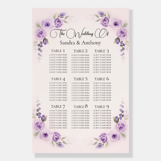 Lavender and Blush Rose Wedding Seating Chart Foam Board (Front)