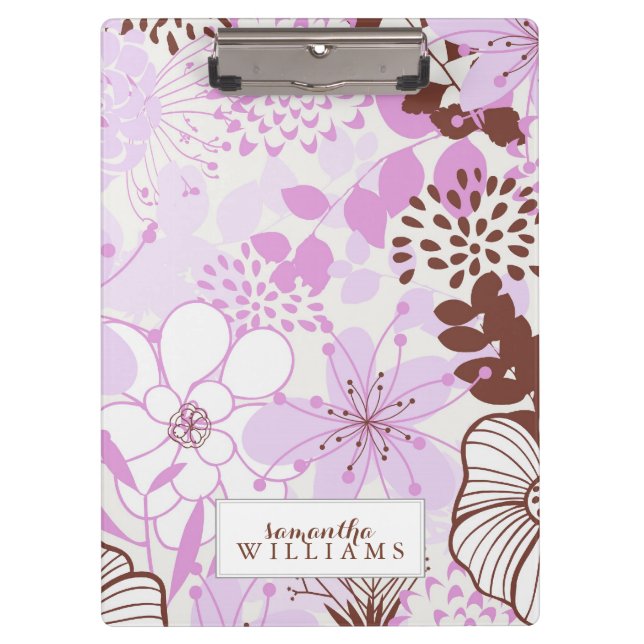 Lavender and Brown Floral Pattern Personalized Clipboard (Front)