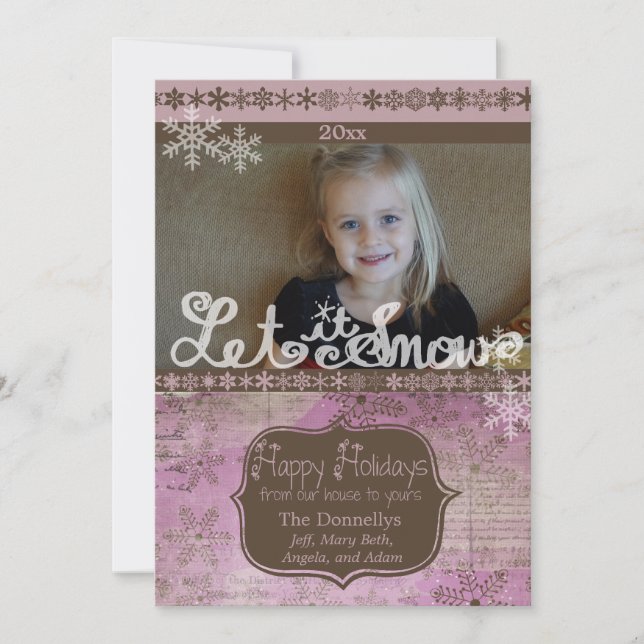 Lavender and Brown Snowflakes Photo Holiday Card (Front)