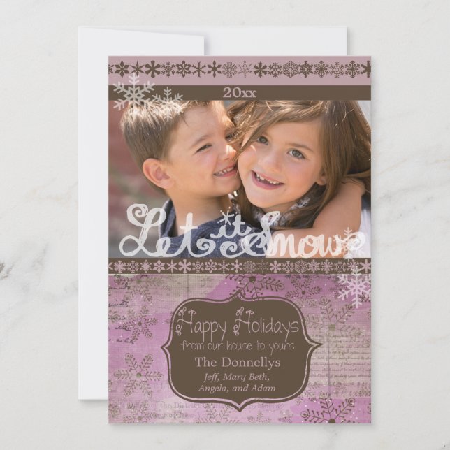 Lavender and Brown Snowflakes Photo Holiday Card (Front)