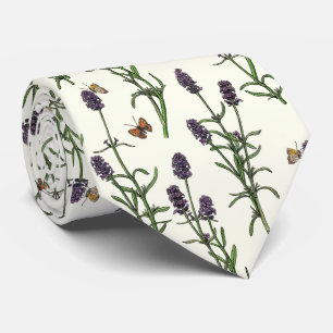Lavender and butterflies on off white neck tie