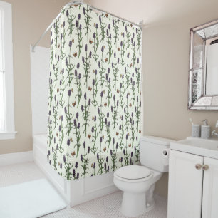 Lavender and butterflies on off white shower curtain