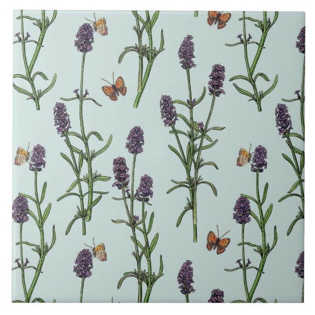 Lavender and butterflies on sea glass ceramic tile (Front)