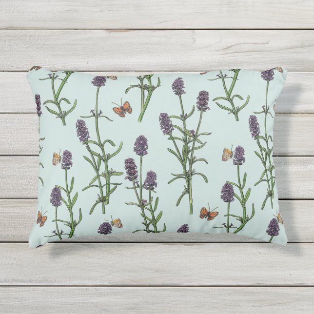 Lavender and butterflies on sea glass outdoor pillow (Front)