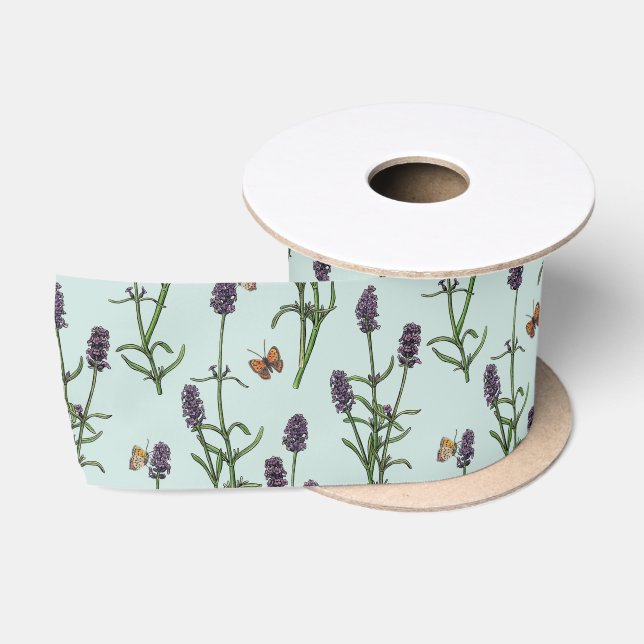 Lavender and butterflies on sea glass satin ribbon (Spool)