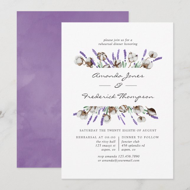 Lavender and Cotton Wedding Rehearsal Dinner Invitation (Front/Back)