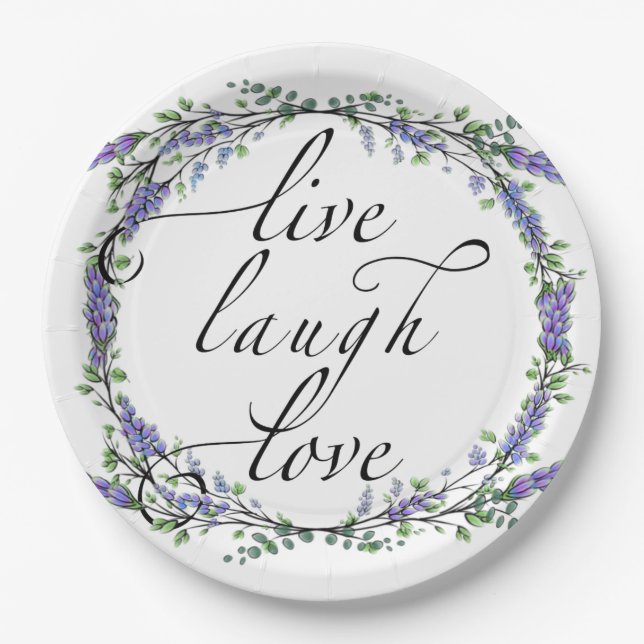 Lavender and Eucalyptus Live Laugh Love Paper Plates (Front)
