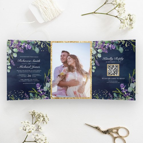 Lavender and Eucalyptus Navy Blue QR Code Wedding Tri_Fold Invitation
