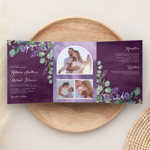 Lavender and Eucalyptus Photo Arch Purple Wedding Tri_Fold Invitation
