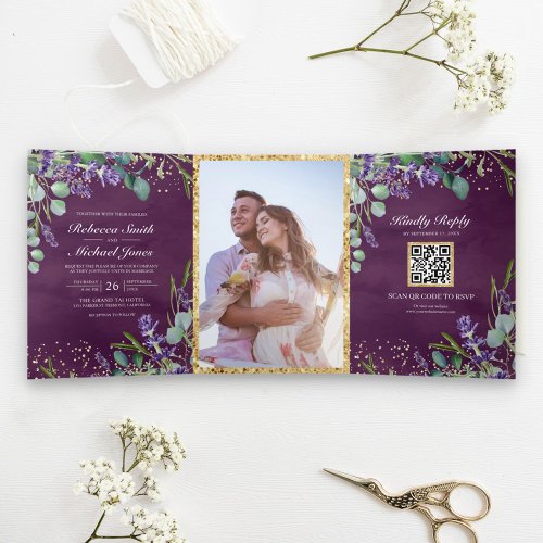 Lavender and Eucalyptus Purple QR Code Wedding Tri_Fold Invitation