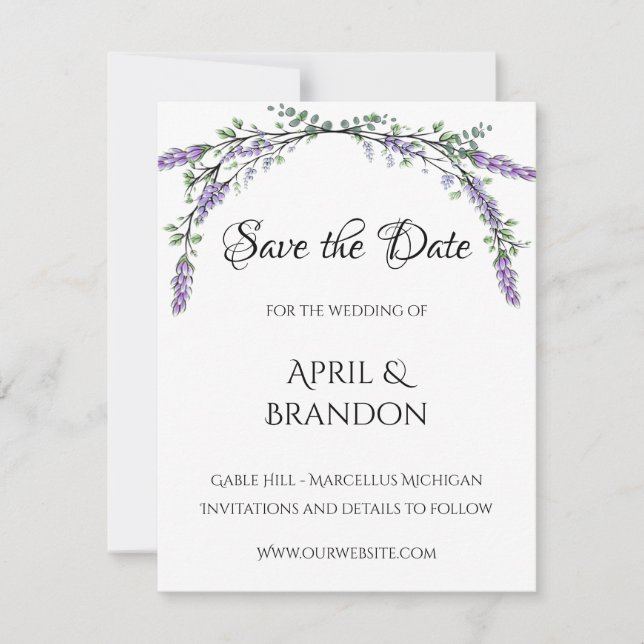 Lavender and Eucalyptus Wedding  Save The Date (Front)