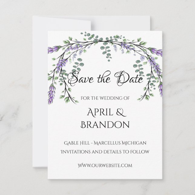 Lavender and Eucalyptus Wedding  Save The Date (Front)